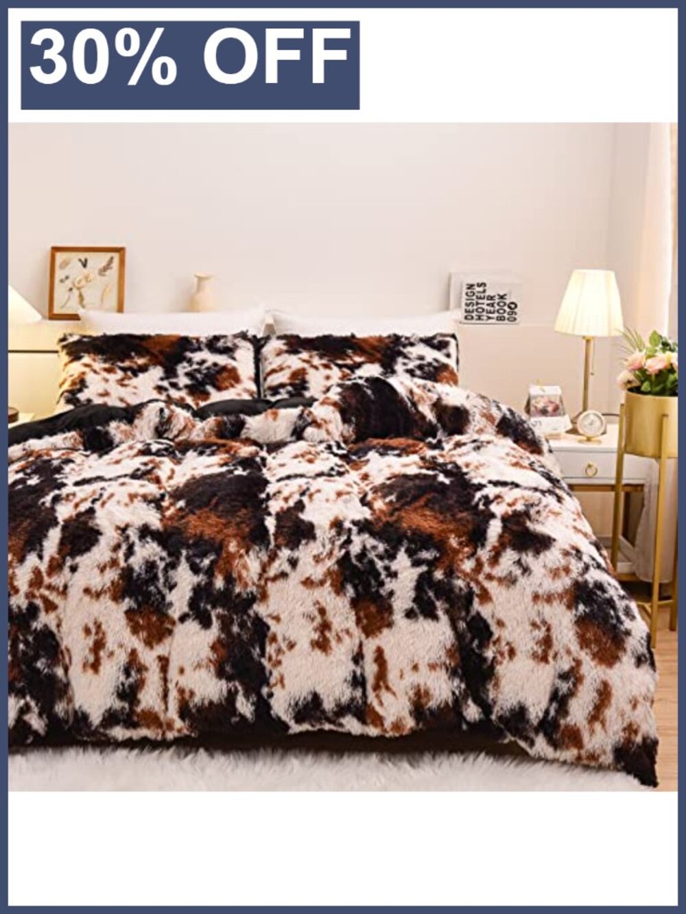 Shaggy Faux Fur Duvet Cover Set Queen Cow Print Fluffy Velvet Bedding 3 Piece